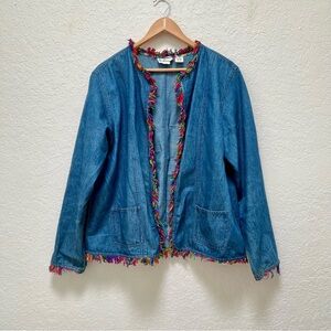 VTG Breckenridge Denim Jacket Fringe Trim Colorful Jean‎ Jacket Blue Womens